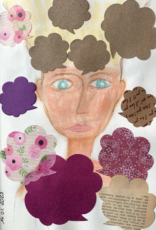 Image d'une page de Journal créatif avec une tête dessinée et des bulles comme dans les bandes dessinées. Réalisé lors de l'atelier "Mais qu'est ce que j'ai dans la tête". Atelier introspectif en présentiel.